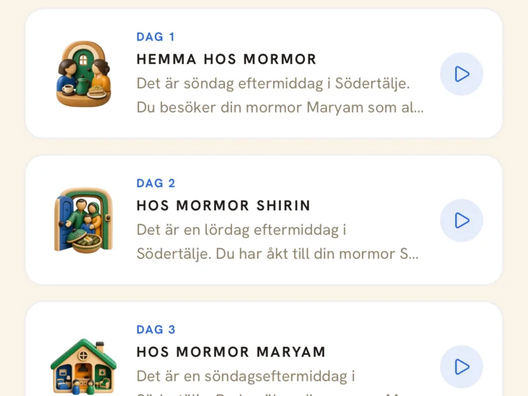 Scenariolistan i appen med samtal hemma hos mormor i Södertälje.